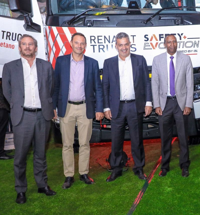 L-R: H.E. Arnaud Suquet,.French Ambassador to Kenya; Mr. Cyril Barrile, Renault Trucks Vice President for Africa and LAPAC; Mr. Pedro Campos, Caetano Kenya Managing Director and Eng. James Kung'u, Chief Engineer Roads, Ministry of Roads, Transport and Pub