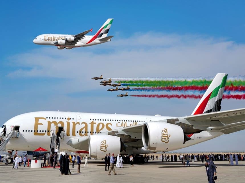 Emirates A380 and Boeing 777 performing a flypast during Dubai Airshow 2023. Image Courtesy (Emirates).