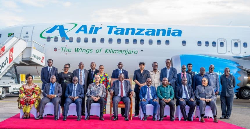 Top government officials pose for a photo with the aircraft in Dar. Image: courtesy.