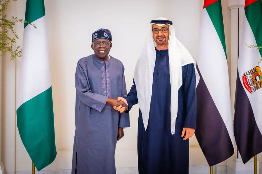 President Bola Ahmed Tinubu and President of the United Arab Emirates, Mohamed bin Zayed Al Nahyan. Photo (Nigerian Presidency.