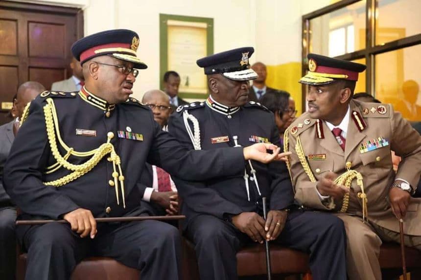 Outgoing Inspector General of Police Japeth Koome (left). Image: courtesy (Police).