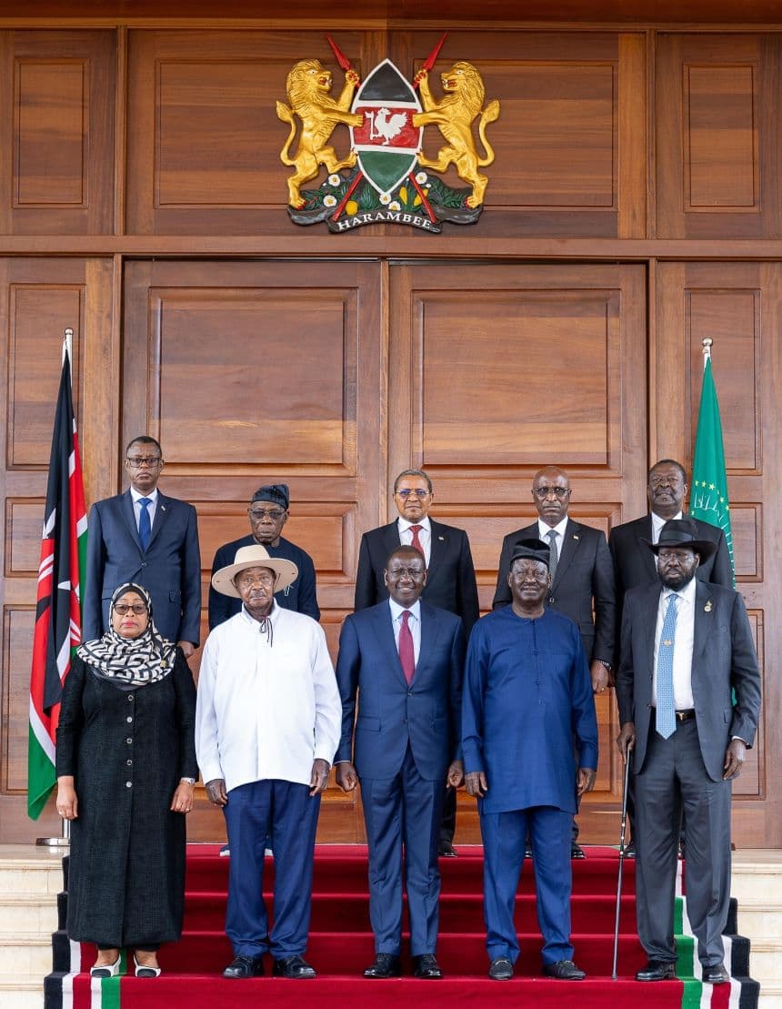 President Ruto with other heads of state during the launch of Raila Odinga's AU bid. Image: courtesy (PSCU).