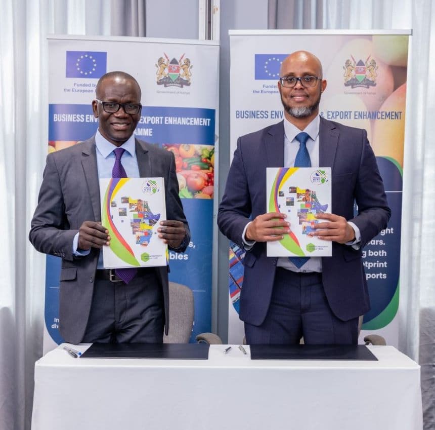 Clement Tulezi, Chairperson, National Horticulture Taskforce (L) and Ahmed Farah, Kenya Country Director, TradeMark Africa pose for a photo after signing the partnership agreement. Image: courtesy.