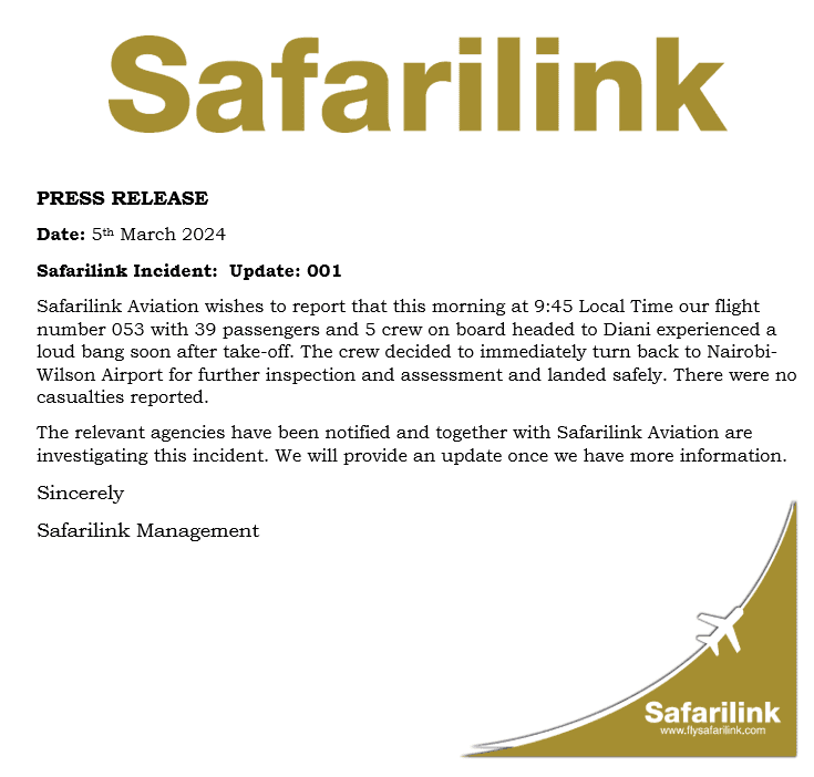 Light Aircraft Strikes Safarilink Plane's Horizontal Stabiliser, Claims 2 Lives