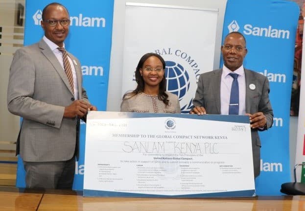 Global Compact Network Kenya Executive Director Judy Njino, Sanlam Kenya PLC Group CEO Dr. Patrick Tumbo (Left) and George Kuria, CEO Sanlam General Insurance Kenya (left) during the official certificate handover welcoming Sanlam Kenya PLC to the UN Globa